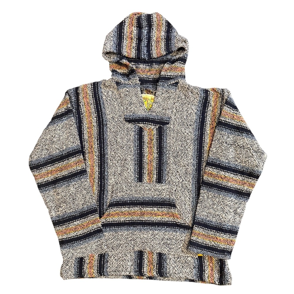 Iguana Jack Earth Ragz Baja Hoodie Mens Medium Blue Striped Drug Rug Pullover